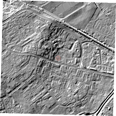 Shaded relief map of the ground around DN379LS, computed from Environment Agency LiDAR. The ground here sits at about 3 m above sea level and falls 6 m across the surrounding 800 m. Surface water reaching this point runs off ground lying to the north-west, 1.9 m higher.