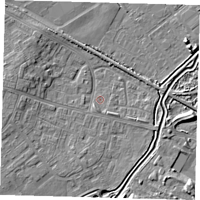 Shaded relief map of the ground around DN379LT, computed from Environment Agency LiDAR. The ground here sits at about 3 m above sea level and falls 9 m across the surrounding 800 m. Surface water reaching this point runs off ground lying to the west-north-west, 5.6 m higher.
