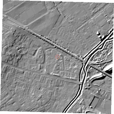 Shaded relief map of the ground around DN379LU, computed from Environment Agency LiDAR. The ground here sits at about 3 m above sea level and falls 12 m across the surrounding 800 m. Surface water reaching this point runs off ground lying to the west, 5.6 m higher.