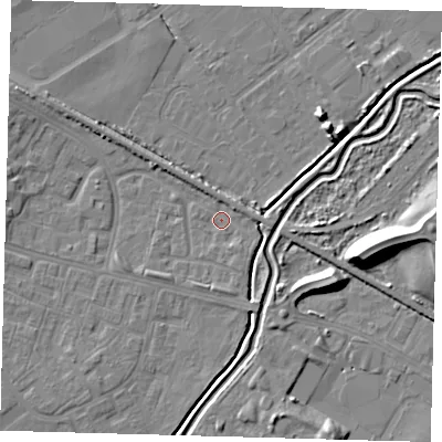 Shaded relief map of the ground around DN379LX, computed from Environment Agency LiDAR. The ground here sits at about 3 m above sea level and falls 12 m across the surrounding 800 m. Surface water reaching this point runs off ground lying to the north-east, 3.1 m higher.