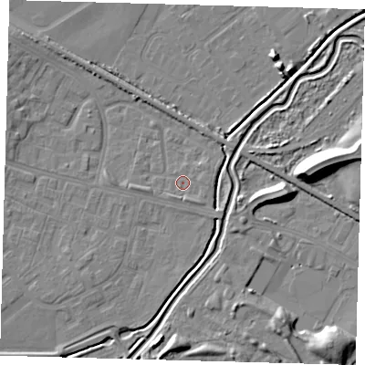 Shaded relief map of the ground around DN379LY, computed from Environment Agency LiDAR. The ground here sits at about 3 m above sea level and falls 12 m across the surrounding 800 m. Surface water reaching this point runs off ground lying to the south-east, 1.4 m higher.