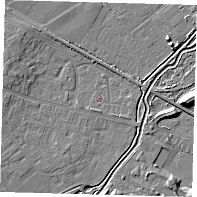 Shaded relief map of the ground around DN379NA, computed from Environment Agency LiDAR. The ground here sits at about 3 m above sea level and falls 12 m across the surrounding 800 m. Surface water reaching this point runs off ground lying to the east-north-east, 3.1 m higher.