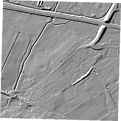 Shaded relief map of the ground around DN379NB, computed from Environment Agency LiDAR. The ground here sits at about 4 m above sea level and falls 10 m across the surrounding 800 m. Surface water reaching this point runs off ground lying to the south-south-west, 0.7 m higher.