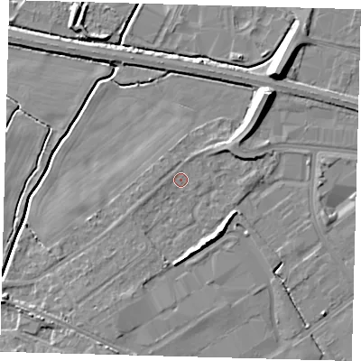 Shaded relief map of the ground around DN379ND, computed from Environment Agency LiDAR. The ground here sits at about 4 m above sea level and falls 10 m across the surrounding 800 m. Surface water reaching this point runs off ground lying to the west, 0.8 m higher.