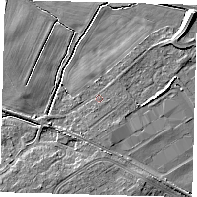 Shaded relief map of the ground around DN379NE, computed from Environment Agency LiDAR. The ground here sits at about 4 m above sea level and falls 10 m across the surrounding 800 m. Surface water reaching this point runs off ground lying to the south-south-west, 0.9 m higher.