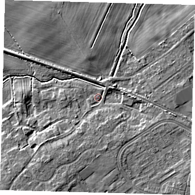 Shaded relief map of the ground around DN379NL, computed from Environment Agency LiDAR. The ground here sits at about 4 m above sea level and falls 9 m across the surrounding 800 m. Surface water reaching this point runs off ground lying to the south-west, 6.1 m higher.