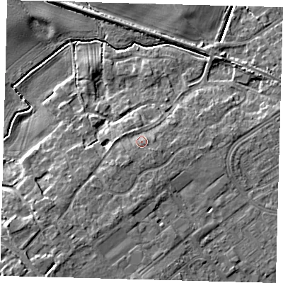 Shaded relief map of the ground around DN379NN, computed from Environment Agency LiDAR. The ground here sits at about 8 m above sea level and falls 10 m across the surrounding 800 m. Surface water reaching this point runs off ground lying to the south-west, 2.1 m higher.