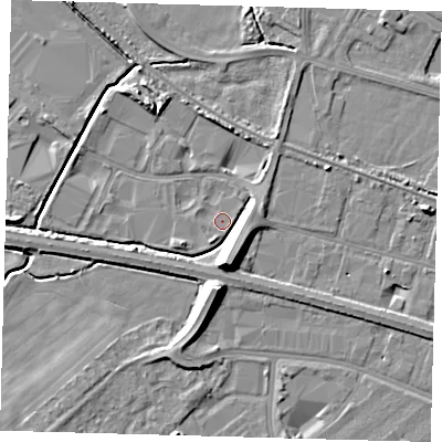 Shaded relief map of the ground around DN379PH, computed from Environment Agency LiDAR. The ground here sits at about 2 m above sea level and falls 10 m across the surrounding 800 m. Surface water reaching this point runs off ground lying to the south-south-west, 1.3 m higher.