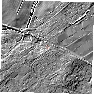 Shaded relief map of the ground around DN379PN, computed from Environment Agency LiDAR. The ground here sits at about 5 m above sea level and falls 8 m across the surrounding 800 m. Surface water reaching this point runs off ground lying to the south, 1.0 m higher.