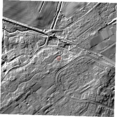Shaded relief map of the ground around DN379PW, computed from Environment Agency LiDAR. The ground here sits at about 6 m above sea level and falls 9 m across the surrounding 800 m. Surface water reaching this point runs off ground lying to the south-west, 4.8 m higher.