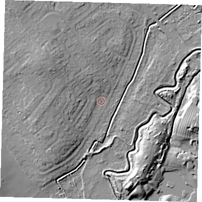 Shaded relief map of the ground around DN379QB, computed from Environment Agency LiDAR. The ground here sits at about 4 m above sea level and falls 11 m across the surrounding 800 m. Surface water reaching this point runs off ground lying to the north-west, 8.4 m higher.