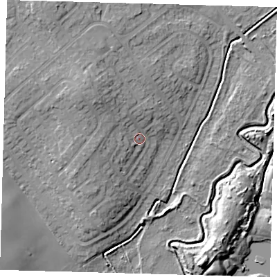 Shaded relief map of the ground around DN379QH, computed from Environment Agency LiDAR. The ground here sits at about 7 m above sea level and falls 11 m across the surrounding 800 m. Surface water reaching this point runs off ground lying to the north-west, 6.5 m higher.