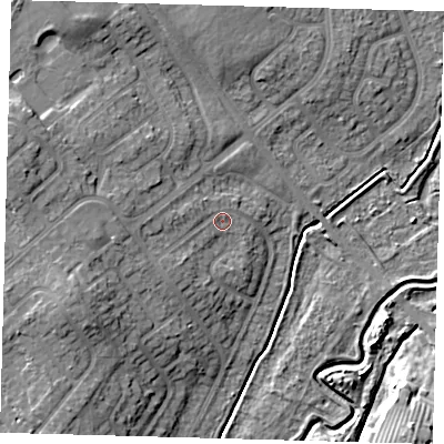 Shaded relief map of the ground around DN379QT, computed from Environment Agency LiDAR. The ground here sits at about 6 m above sea level and falls 11 m across the surrounding 800 m. Surface water reaching this point runs off ground lying to the west, 3.1 m higher.