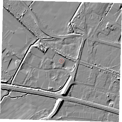Shaded relief map of the ground around DN379TG, computed from Environment Agency LiDAR. The ground here sits at about 3 m above sea level and falls 10 m across the surrounding 800 m. Surface water reaching this point runs off ground lying to the north-north-east, 2.1 m higher.