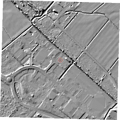 Shaded relief map of the ground around DN379TJ, computed from Environment Agency LiDAR. The ground here sits at about 2 m above sea level and falls 6 m across the surrounding 800 m. Surface water reaching this point runs off ground lying to the south-south-east, 0.9 m higher.