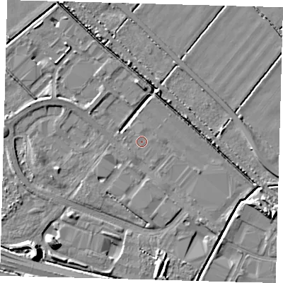 Shaded relief map of the ground around DN379TL, computed from Environment Agency LiDAR. The ground here sits at about 2 m above sea level and falls 9 m across the surrounding 800 m. Surface water reaching this point runs off ground lying to the south-east, 1.6 m higher.