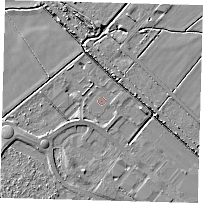 Shaded relief map of the ground around DN379TS, computed from Environment Agency LiDAR. The ground here sits at about 2 m above sea level and falls 6 m across the surrounding 800 m. Surface water reaching this point runs off ground lying to the south-west, 2.0 m higher.