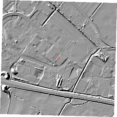 Shaded relief map of the ground around DN379TU, computed from Environment Agency LiDAR. The ground here sits at about 3 m above sea level and falls 9 m across the surrounding 800 m. The ground contributing surface water to this point lies to the west-north-west.