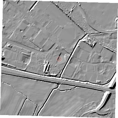 Shaded relief map of the ground around DN379TW, computed from Environment Agency LiDAR. The ground here sits at about 2 m above sea level and falls 10 m across the surrounding 800 m. Surface water reaching this point runs off ground lying to the north-east, 2.5 m higher.