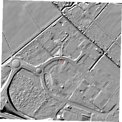 Shaded relief map of the ground around DN379TZ, computed from Environment Agency LiDAR. The ground here sits at about 2 m above sea level and falls 11 m across the surrounding 800 m. Surface water reaching this point runs off ground lying to the west-south-west, 2.2 m higher.