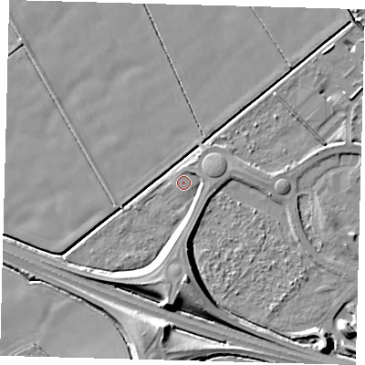 Shaded relief map of the ground around DN379UA, computed from Environment Agency LiDAR. The ground here sits at about 3 m above sea level and falls 10 m across the surrounding 800 m. Surface water reaching this point runs off ground lying to the south, 6.7 m higher.