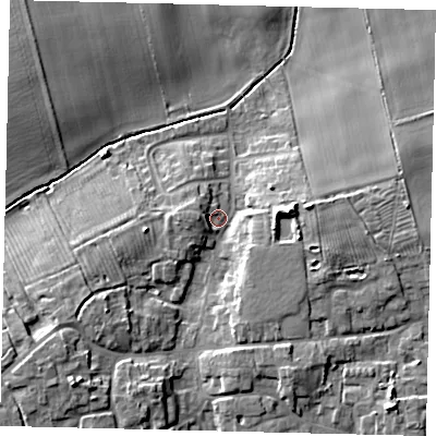 Shaded relief map of the ground around DN396TJ, computed from Environment Agency LiDAR. The ground here sits at about 29 m above sea level and falls 14 m across the surrounding 800 m. Surface water reaching this point runs off ground lying to the south-west, 8.9 m higher.