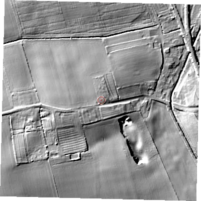 Shaded relief map of the ground around DN396TT, computed from Environment Agency LiDAR. The ground here sits at about 18 m above sea level and falls 22 m across the surrounding 800 m. Surface water reaching this point runs off ground lying to the west-south-west, 6.6 m higher.