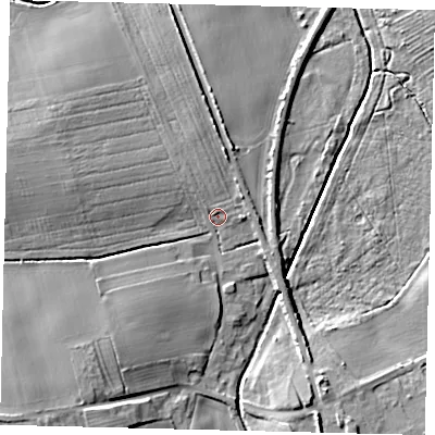 Shaded relief map of the ground around DN396TX, computed from Environment Agency LiDAR. The ground here sits at about 10 m above sea level and falls 20 m across the surrounding 800 m. Surface water reaching this point runs off ground lying to the west-north-west, 8.6 m higher.