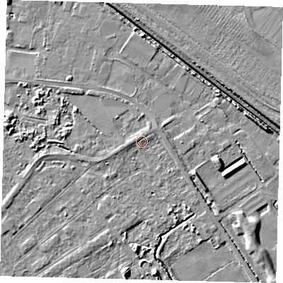 Shaded relief map of the ground around DN401AA, computed from Environment Agency LiDAR. The ground here sits at about 3 m above sea level and falls 6 m across the surrounding 800 m. Surface water reaching this point runs off ground lying to the east-north-east, 0.7 m higher.