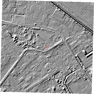 Shaded relief map of the ground around DN401AB, computed from Environment Agency LiDAR. The ground here sits at about 3 m above sea level and falls 6 m across the surrounding 800 m. Surface water reaching this point runs off ground lying to the east, 0.8 m higher.