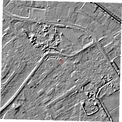 Shaded relief map of the ground around DN401AD, computed from Environment Agency LiDAR. The ground here sits at about 3 m above sea level and falls 5 m across the surrounding 800 m. Surface water reaching this point runs off ground lying to the east-north-east, 1.1 m higher.