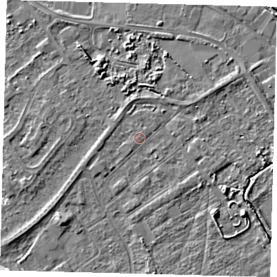 Shaded relief map of the ground around DN401AG, computed from Environment Agency LiDAR. The ground here sits at about 3 m above sea level and falls 5 m across the surrounding 800 m. Surface water reaching this point runs off ground lying to the east-south-east, 1.4 m higher.