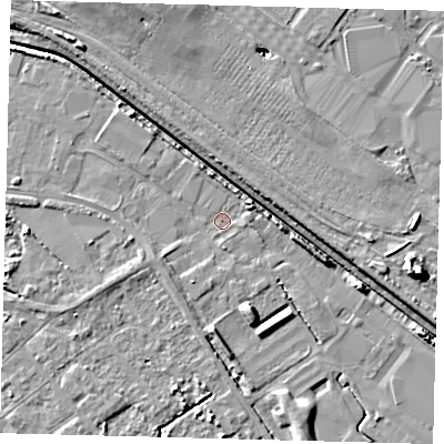Shaded relief map of the ground around DN401AH, computed from Environment Agency LiDAR. The ground here sits at about 3 m above sea level and falls 9 m across the surrounding 800 m. Surface water reaching this point runs off ground lying to the north-west, 2.4 m higher.