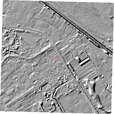 Shaded relief map of the ground around DN401AL, computed from Environment Agency LiDAR. The ground here sits at about 3 m above sea level and falls 6 m across the surrounding 800 m. Surface water reaching this point runs off ground lying to the north-north-west, 1.0 m higher.