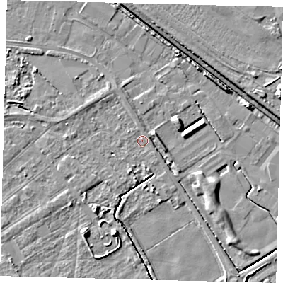 Shaded relief map of the ground around DN401AN, computed from Environment Agency LiDAR. The ground here sits at about 3 m above sea level and falls 8 m across the surrounding 800 m. Surface water reaching this point runs off ground lying to the north, 0.7 m higher.