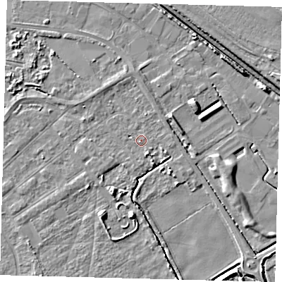 Shaded relief map of the ground around DN401AP, computed from Environment Agency LiDAR. The ground here sits at about 3 m above sea level and falls 6 m across the surrounding 800 m. Surface water reaching this point runs off ground lying to the north, 2.3 m higher.