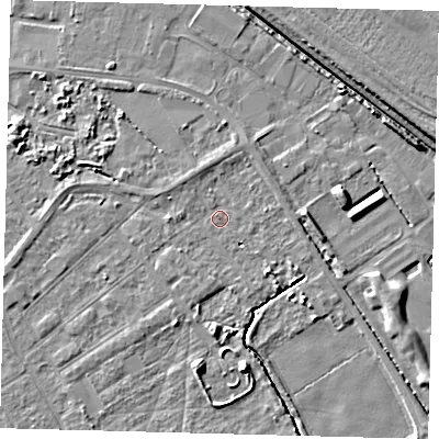Shaded relief map of the ground around DN401AR, computed from Environment Agency LiDAR. The ground here sits at about 3 m above sea level and falls 6 m across the surrounding 800 m. Surface water reaching this point runs off ground lying to the north-north-east, 1.4 m higher.
