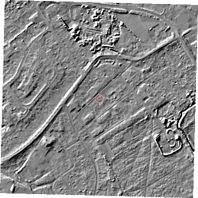 Shaded relief map of the ground around DN401AX, computed from Environment Agency LiDAR. The ground here sits at about 3 m above sea level and falls 5 m across the surrounding 800 m. Surface water reaching this point runs off ground lying to the east-south-east, 1.4 m higher.