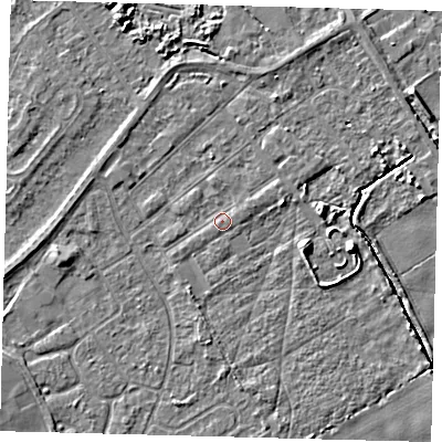 Shaded relief map of the ground around DN401BA, computed from Environment Agency LiDAR. The ground here sits at about 3 m above sea level and falls 5 m across the surrounding 800 m. Surface water reaching this point runs off ground lying to the east-north-east, 0.7 m higher.