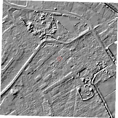 Shaded relief map of the ground around DN401BG, computed from Environment Agency LiDAR. The ground here sits at about 2 m above sea level and falls 5 m across the surrounding 800 m. Surface water reaching this point runs off ground lying to the south-east, 1.4 m higher.