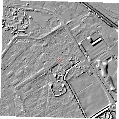 Shaded relief map of the ground around DN401BH, computed from Environment Agency LiDAR. The ground here sits at about 3 m above sea level and falls 6 m across the surrounding 800 m. Surface water reaching this point runs off ground lying to the west, 0.6 m higher.