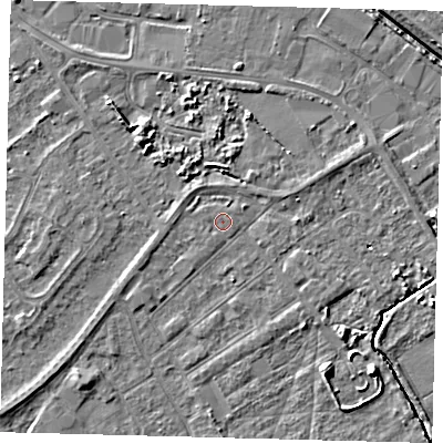 Shaded relief map of the ground around DN401BN, computed from Environment Agency LiDAR. The ground here sits at about 3 m above sea level and falls 5 m across the surrounding 800 m. The ground contributing surface water to this point lies to the east.
