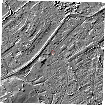 Shaded relief map of the ground around DN401DB, computed from Environment Agency LiDAR. The ground here sits at about 3 m above sea level and falls 4 m across the surrounding 800 m. Surface water reaching this point runs off ground lying to the north-west, 1.1 m higher.