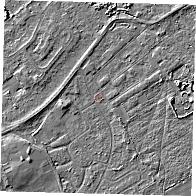 Shaded relief map of the ground around DN401DD, computed from Environment Agency LiDAR. The ground here sits at about 2 m above sea level and falls 5 m across the surrounding 800 m. Surface water reaching this point runs off ground lying to the east-north-east, 1.4 m higher.