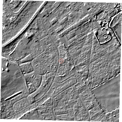 Shaded relief map of the ground around DN401DF, computed from Environment Agency LiDAR. The ground here sits at about 2 m above sea level and falls 5 m across the surrounding 800 m. Surface water reaching this point runs off ground lying to the north, 1.4 m higher.