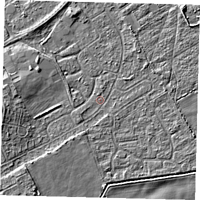 Shaded relief map of the ground around DN401DJ, computed from Environment Agency LiDAR. The ground here sits at about 2 m above sea level and falls 6 m across the surrounding 800 m. Surface water reaching this point runs off ground lying to the west, 4.2 m higher.