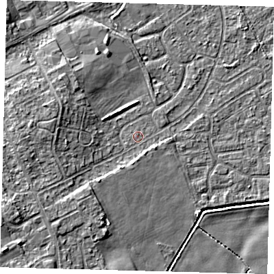 Shaded relief map of the ground around DN401DL, computed from Environment Agency LiDAR. The ground here sits at about 3 m above sea level and falls 7 m across the surrounding 800 m. Surface water reaching this point runs off ground lying to the west-north-west, 3.8 m higher.