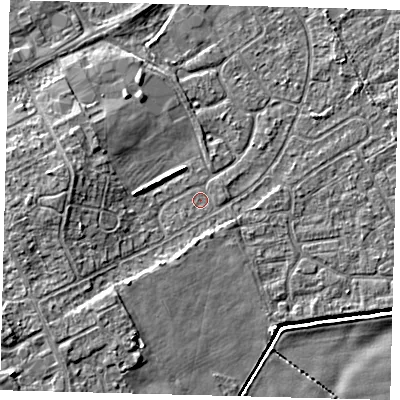 Shaded relief map of the ground around DN401DP, computed from Environment Agency LiDAR. The ground here sits at about 3 m above sea level and falls 7 m across the surrounding 800 m. Surface water reaching this point runs off ground lying to the west, 4.0 m higher.