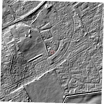 Shaded relief map of the ground around DN401DR, computed from Environment Agency LiDAR. The ground here sits at about 3 m above sea level and falls 7 m across the surrounding 800 m. Surface water reaching this point runs off ground lying to the west, 4.3 m higher.