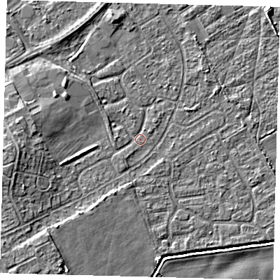 Shaded relief map of the ground around DN401DS, computed from Environment Agency LiDAR. The ground here sits at about 2 m above sea level and falls 7 m across the surrounding 800 m. Surface water reaching this point runs off ground lying to the west, 4.3 m higher.